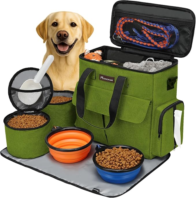 Modoker Dog Travel Bag with 2 Food Bags, 2 Bowls and 1 Mat (Green) | Roomy Main Compartment | Multiple Functional Pockets | Water-Resistant Oxford Fabric | PVC Backing | Leak-Resistant Lining by Modoker