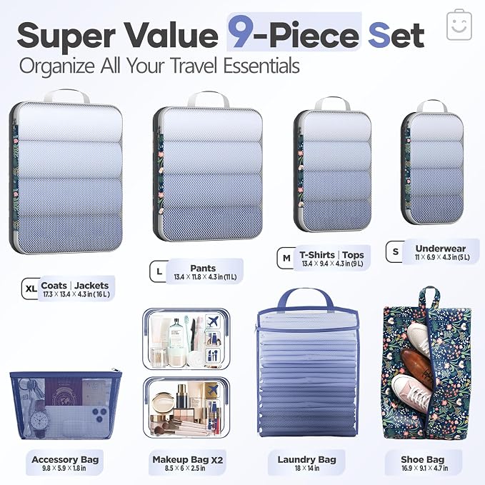 Veken 9/11 Set Compression Packing Cubes for Travel Essentials,Compressible Expandable Luggage Organizer Bags with Garment Bag,Space Saver Bags with Over 1000 pcs of Mesh Holes(Dark Blue Floral) - Image 2