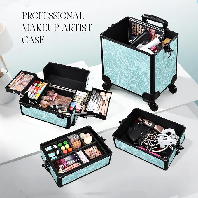 Yueieoun Rolling Makeup Case, 4 in 1 Makeup Case on Wheels, Professional Makeup Trolley, Cosmetic Train Case Makeup Cart Travel Trolley with Key for MUA, Hairstylists, Nail Tech, Turquoise Vitality - Image 4