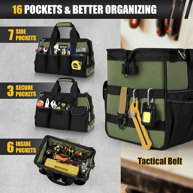 UUP Heavy Duty Tool Bag 15Inch, 16-Pocket Portable Empty Tool Box Organizer | Big Storage Toolbox Organization, Soft Handle Large Zipper Carrying Toolbag, Father Day Gifts for Him Dad Men, Green - Image 2