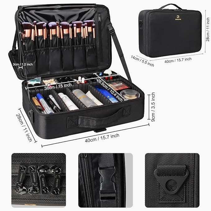 Relavel Makeup Case Large Makeup Bag Professional Train Case 16.5 inches Travel Cosmetic Organizer Brush Holder Waterproof Makeup Artist Storage Box, 3 Layer Large Capacity, with Adjustable Strap - Image 2