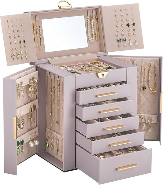 Lolalet Large Jewelry Box Organizer for Women, 6-Layer Jewelry Organizers and Storage Case with Mirror & 5 Drawers, Lockable Watch Ring Earring Bracelet Necklace Holder Girls Gift -6Layer, HazePurple by Lolalet
