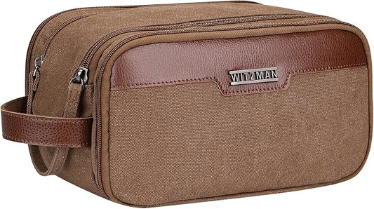 WITZMAN Canvas Toiletry Bag for Men Travel Toiletries Large 7L Dopp Kit | Multi-pockets with Dry-wet Pocket, Side Handle for Hanging, Lightweight, For Daily Use, Bathroom, Make up, A8002 Brown by WITZMAN