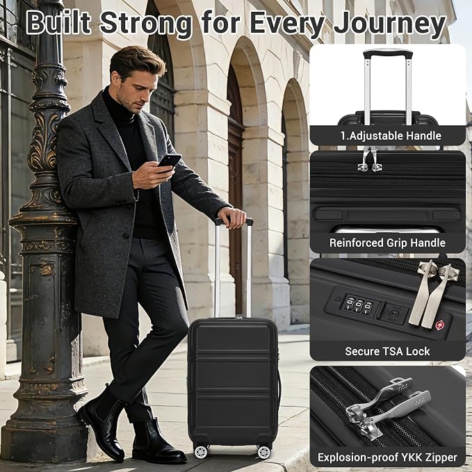 Kono Carry On Luggage Set Airline Approved with Spinner Wheels | Lightweight PC+ABS Carry On Suitcase with TSA Lock Durable Luggage Hardside Black - Image 6