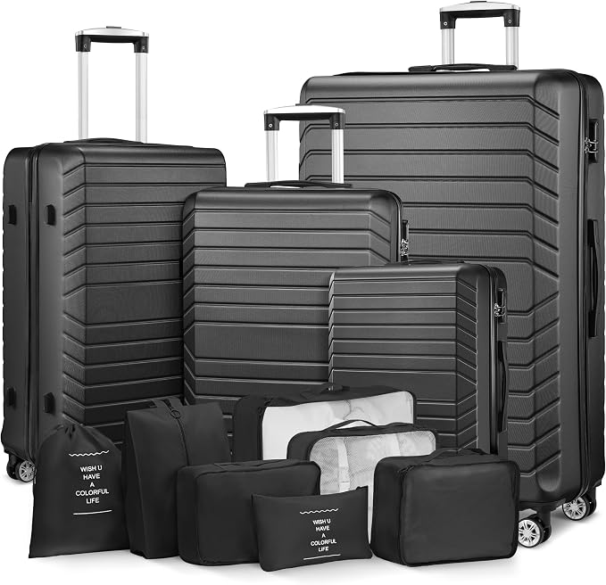 Suitour 11 Piece Travel Luggage Sets(32″, 28″, 24″, 20″), 4 Piece Hardshell Suitcase with Wheels, 20inch Carry on Luggage, 24inch 28inch 32inch Checked Luggage（Black by Suitour