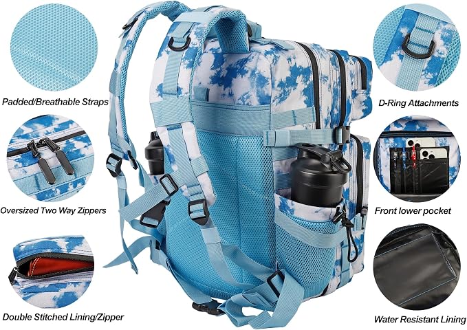 LHI Military Tactical Backpack for Men and Women 45L Army 3 Days Assault Pack Bag Large Rucksack with Molle System - Light blue tie-dye - Image 5
