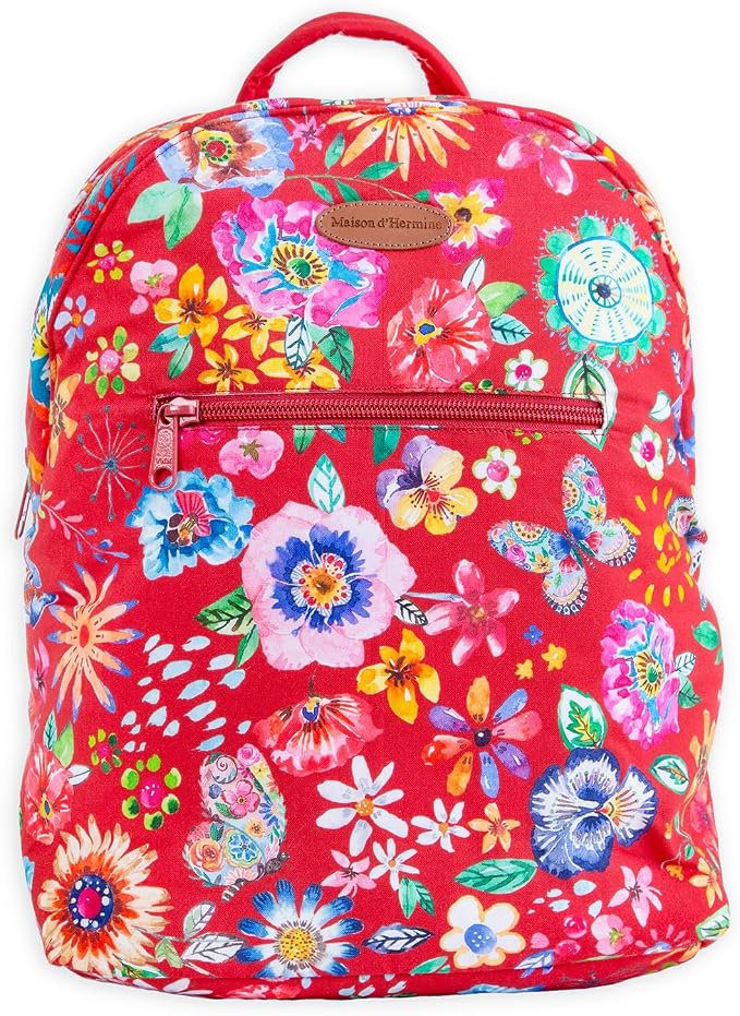 Maison d' Hermine Backpack for Women Men Cotton Shoulder Multipurpose Rucksack with Small Pouch Lightweight Multi Pocket for Travel Work Beach Perfect for Spring Summer (Happy Florals - Red) by MaisondHermine