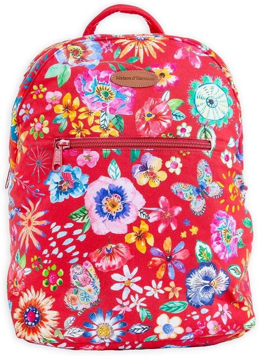 Maison d' Hermine Backpack for Women Men Cotton Shoulder Multipurpose Rucksack with Small Pouch Lightweight Multi Pocket for Travel Work Beach Perfect for Spring Summer (Happy Florals - Red) by MaisondHermine