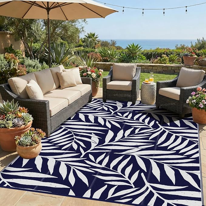 Smiry Outdoor Rug 6x9 ft, Waterproof Reversible Plastic Straw Rugs, Outdoor Area Rug with Leaf Pattern, Outside Floor Mat for Patio, Backyard, Deck, Picnic, Beach, Camping, Navy & White by Smiry
