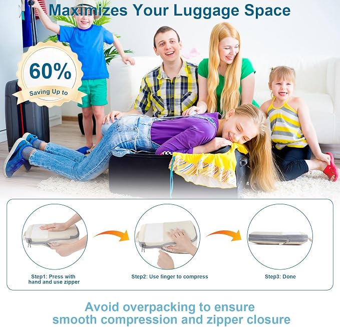 Cozary Suitcase Organiser Packing Cubes Compression Pack of 4 - High Capacity Travel Essentials For Hand Luggage, Suitcase And Backpack - Beige - Image 2