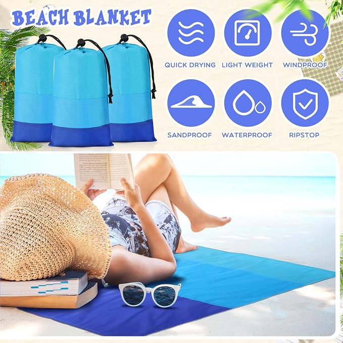 Weysat 20 Sets Beach Blankets Sandproof 78 x 82'' Bulk Large Waterproof Beach Mat for 1-6 Adults Oversized Sand Free Beach Blanket with Stakes Climbing Hook Storage Bag for Travel Camping (Joint Blue) - Image 3