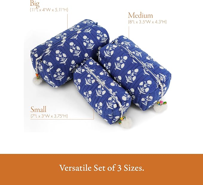 Saffron Marigold Quilted Makeup Bag Set of 3, Hand Block Printed Cotton Cosmetic Bags for Women, Waterproof Lined Travel Toiletry Bag, Coquette Floral Aesthetic, Handmade Gift, Fleur De Nuit - Image 3