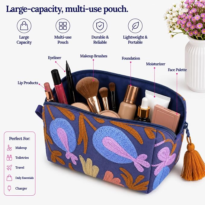 Huar Travel Makeup Bag- Large Capacity Cosmetic Bags for Women - Water Resistance Lining Portable Pouch & Open Toiletry Bag - Perfect Girls Makeup Organizer for Travel Essentials (Dark Blue) - Image 2