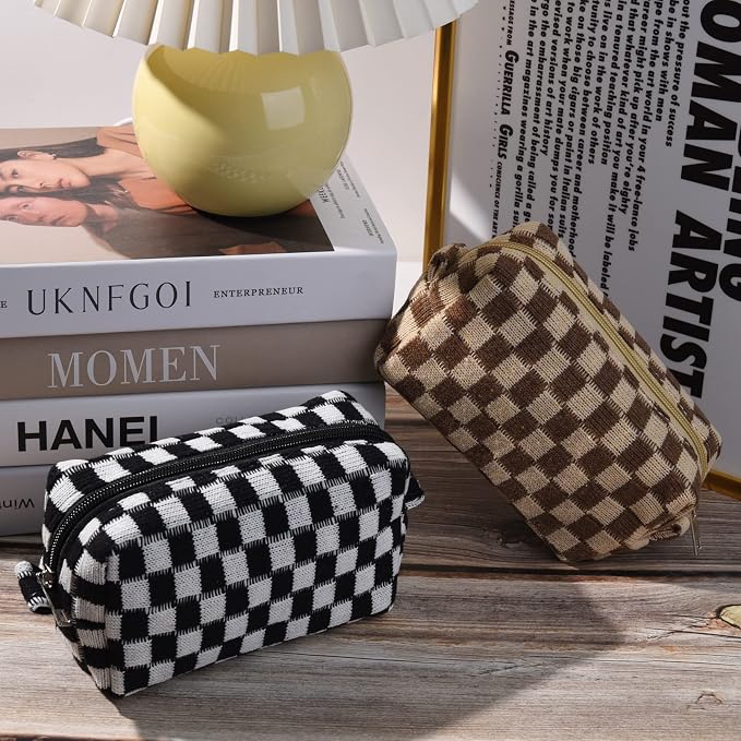 SOIDRAM 2 Pieces Makeup Bag Pouch Checkered Cosmetic Bag Black Brown, Travel Toiletry Bag Organizer Cute Makeup Brushes Storage Bag for Women - Image 4