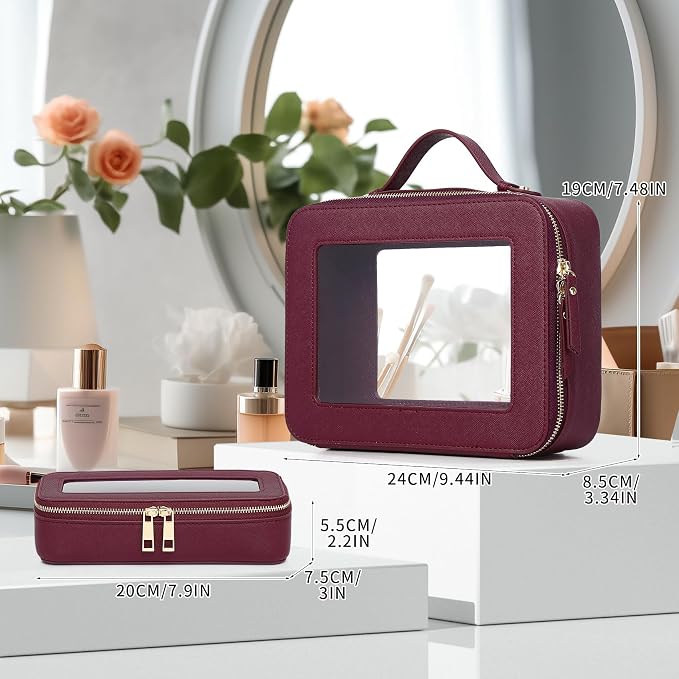 Pinkmik Clear Makeup Bag with Brush Bag 2pcs Waterproof Travel Case for Cosmetics and Toiletries Women's Cosmetic Organizer with Zipper (X/Burgundy, L+SLIM) - Image 2
