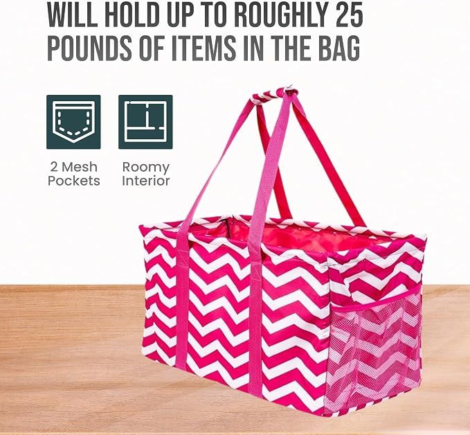 Extra Large Utility Tote Bag, Oversized Collapsible Reusable Wire Frame Rectangular Canvas Basket With Two Exterior Pockets For Beach, Pool, Laundry, Car Trunk, Storage - Chevron Pink - Image 5