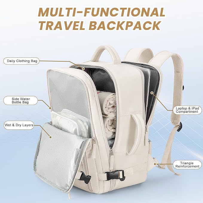Beraliy Travel Backpack Airline Approved, Carry on Backpack, 16 Laptop Backpack, Waterproof Weekender Bag, Casual Daypack, Hiking Backpack, Beige - Image 3