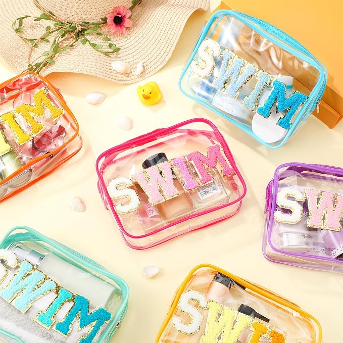 Kacctyen 12 Pcs Clear Swim Bags Chenille Letter Patch Makeup Pouch Beach Pool Toiletry Bags Waterproof PVC Preppy Cosmetic Purse Organizer with Zipper for Travel Women Girl Swimmer Essential Team Gift - Image 2