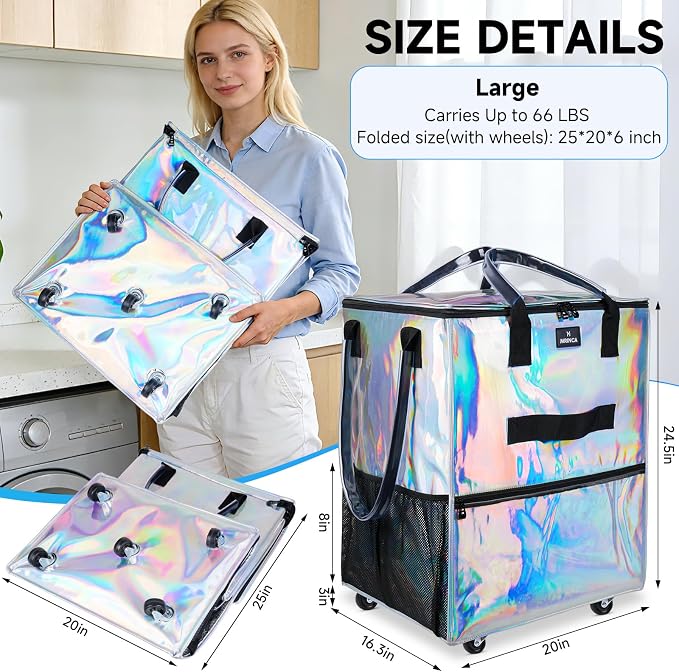 Large Reusable Grocery Bag On 5 Wheels, 130L Foldable Rolling Tote Bag, Heavy Duty Shopping Cart, Multiple Pockets & Heavy Duty Handle, Collapsible Shopping Cart for Groceries Moving, Gradient Silver - Image 2