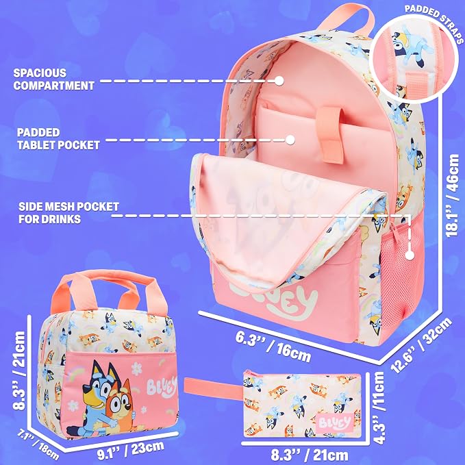 Get Trend Bluey Girls Backpack, Lunch Bag & Pencil Case, 3-Piece Set | 18 inch Kids Bookbag, Adjustable Padded Straps, Insulated Lunch Bag, Zipped Pencil Pouch, School Supplies, Gifts for Girls - Image 3