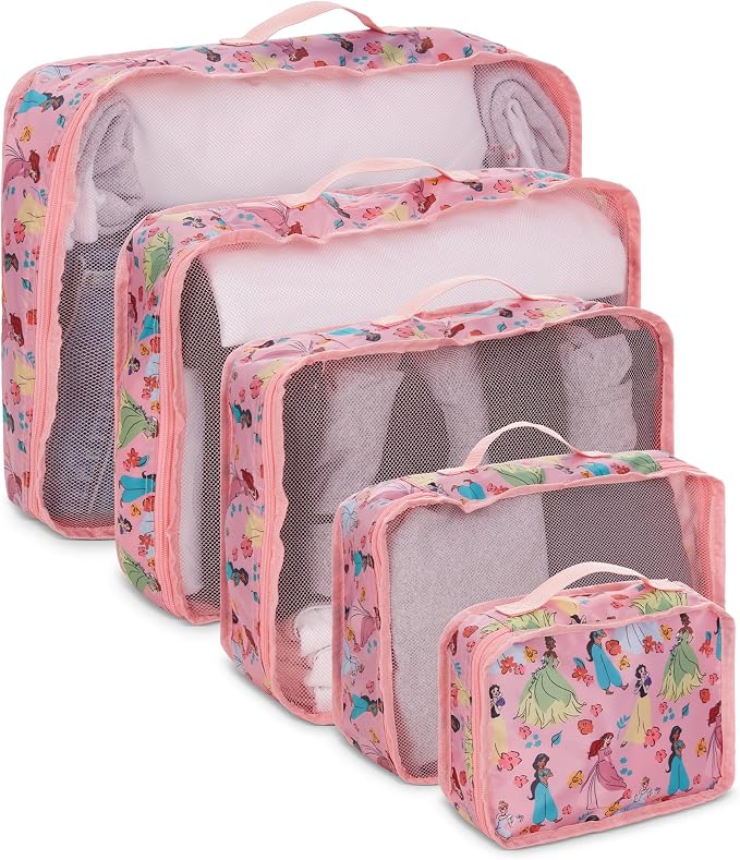Disney Minnie Mickey Stitch Packing Cubes - Winnie the Pooh, Princess Cinderella, Cars, Toy Story 5 Piece Packing Cubes Compression - Travel Essential - Luggage Suitcase Organizer Set by Disney