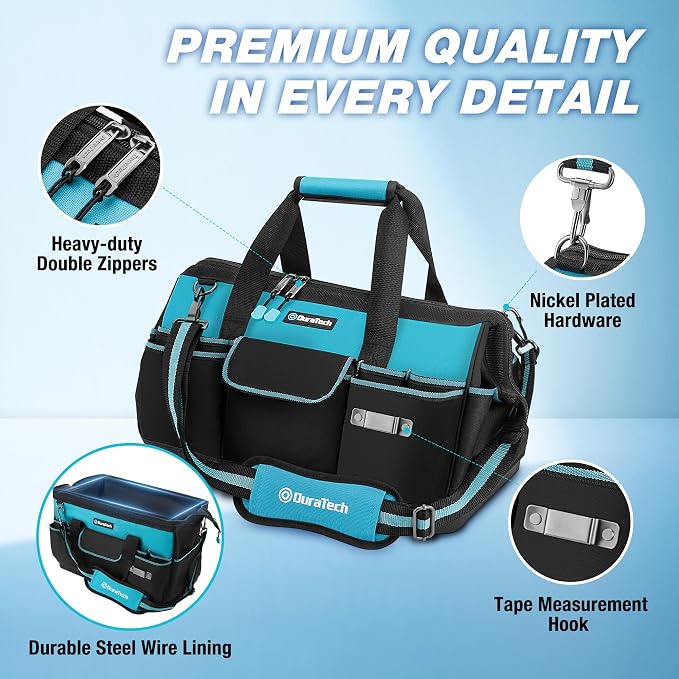 DURATECH 18" Large Tool Bag with Waterproof Hard Bottom, 19 Pockets | Heavy Duty Construction, Wide Open Mouth, Multiple Storage Pockets, Electricians Mechanics Plumbers HVAC Use - Image 6