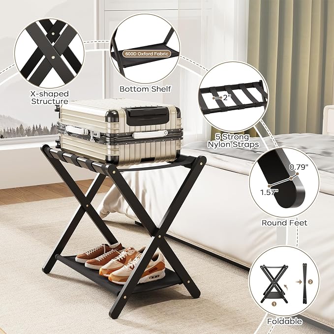 Fully Assembled Black Luggage Rack for Guest Room, Bamboo Folding Suitcase Stand with Fabric Storage Shelf, 5 Nylon Straps, Upgraded Luggage Rack Holder for Bedroom Hotel, Holds up to 165 Lbs, 1pcs - Image 8