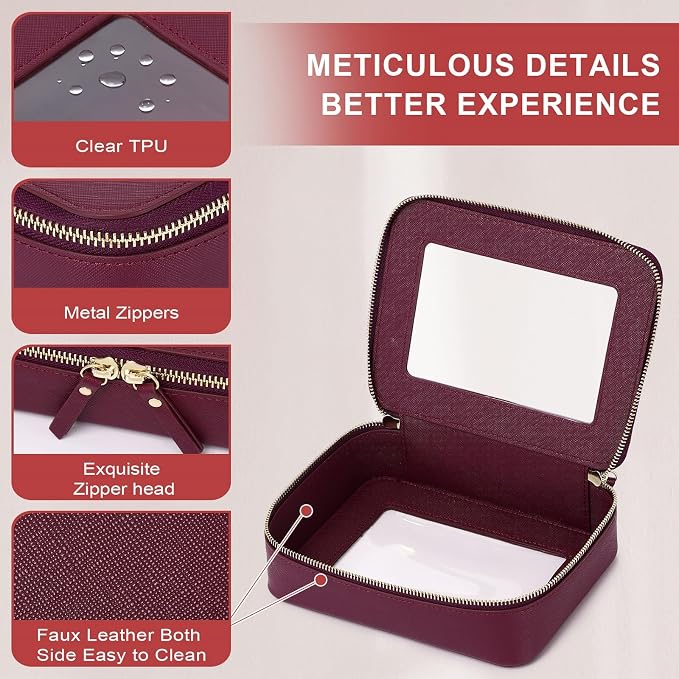 Pinkmik Clear Makeup Bag for Women Waterproof Travel Cosmetics and Toiletries Case Portable Makeup Oaganizer Bag Clear Car Bag with Zipper (X/Burgundy, M) - Image 4