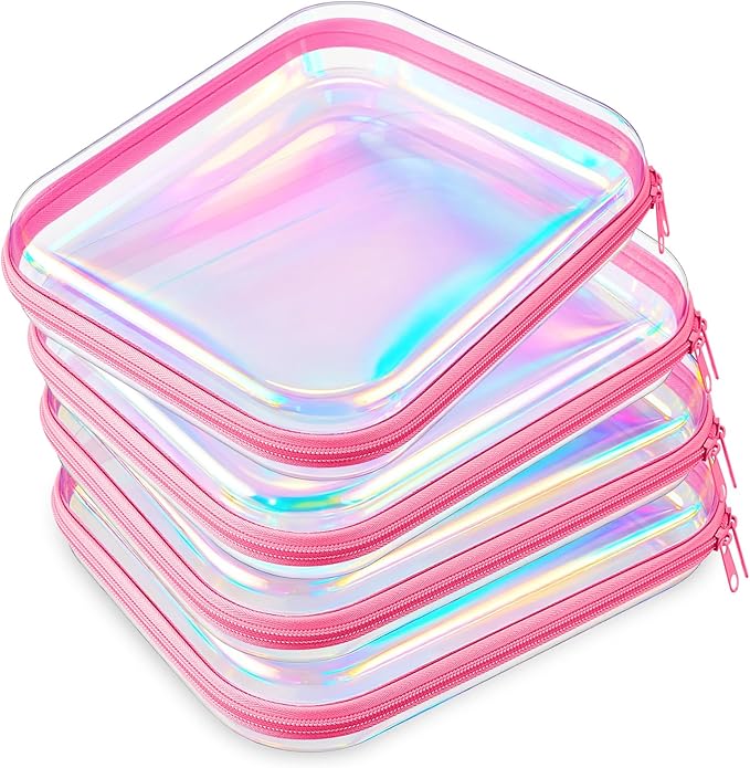 Hoolerry 4 Pcs Hard Clear Zipper Case Makeup Bags Plastic Zipper Pouch Transparent Storage Box Containers for Cosmetics, Snacks, Building Blocks, Puzzles(Clear,9.8 x 7.9 x 2 in,Pink Laser) by Hoolerry