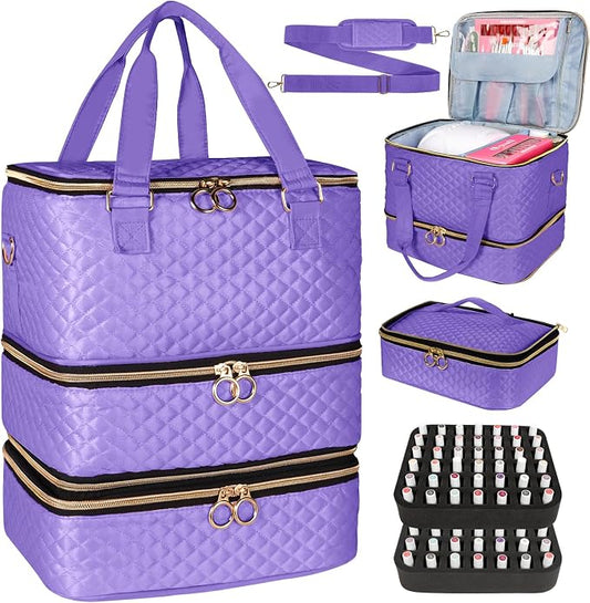 Nail Polish Organizer Bag Hold 84 Bottles(15ml/0.5 fl.oz), 3 Layers Nail Kit Supplies Organizer Bag Travel, Nail Organizers and Storage Case with Holder & Shoulder Strap, Purple by MZTXY