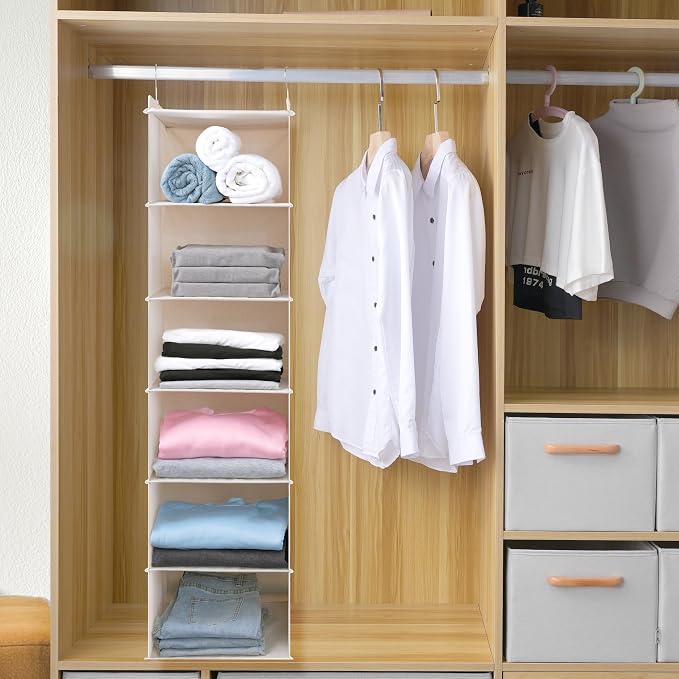 Large Hanging Sweater Organizer for Closet,Collapsible 6-Shelf Hanging Closet Shelves with Drawers, Washable (Beige -6 Shelf) - Image 3