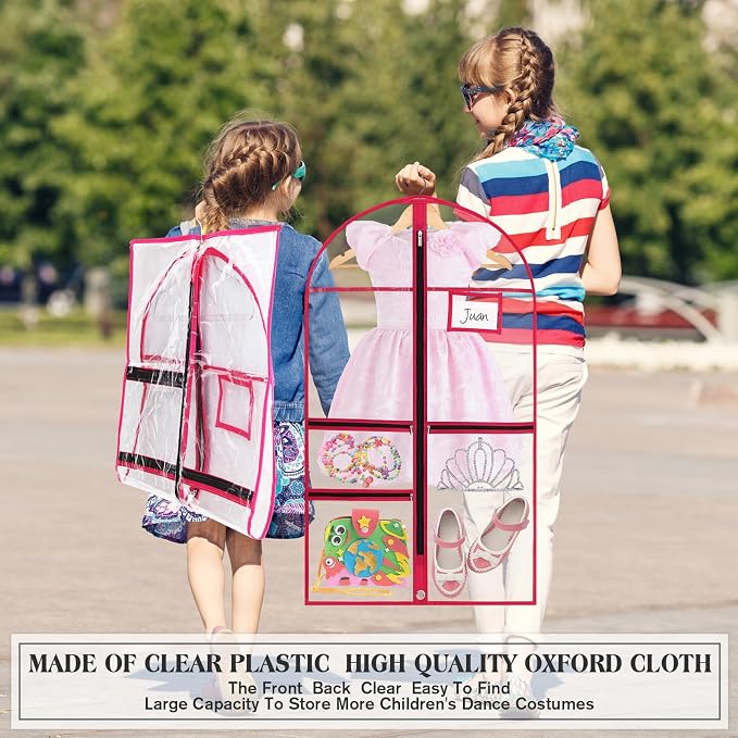 FoldTier 8 Pcs Dance Costume Garment Bag for Dancers 40 Inch Pink Edge Clear PVC Waterproof Garment Bag with 3 Zipper Pockets for Dancers Competitions Hanging Clothes - Image 6