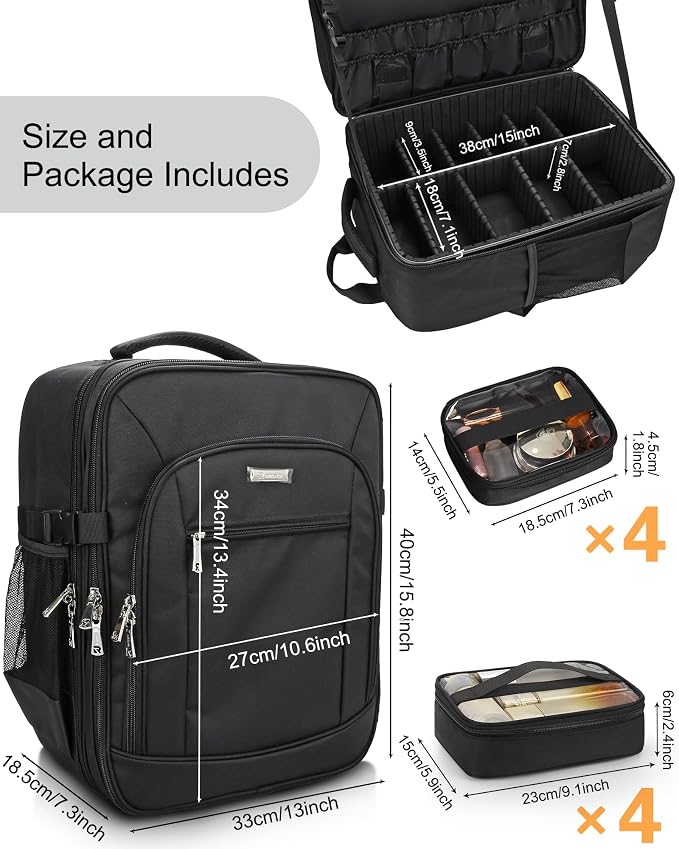 TANTO Makeup Backpack Professional Cosmetic Artist Bag Extra Large Travel Train Case Storage Organizer Double-Layer Cosmetic Case with 8 Pouch &Adjustable Divider (Black) - Image 4