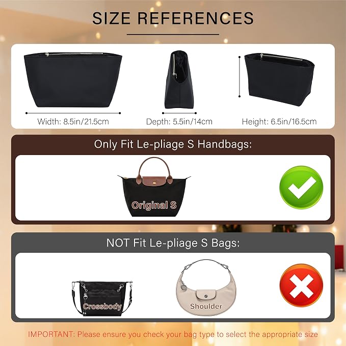 Soft Nylon Purse Organizer Insert for Longchamp Le Pliage Original S Handbag, Lightweight Luxury Long Champ Small Handbag with Cup Holder,Zipper Bags Inner Linner with 7 Deepened Pockets,S/Black - Image 2