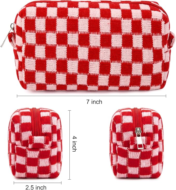SOIDRAM 2 Pack Checkered Makeup Bag for Women, Cute Makeup Pouch Small Makeup Bag Travel Cosmetic Organizer for Toiletries, Brushes & Skincare - Image 4