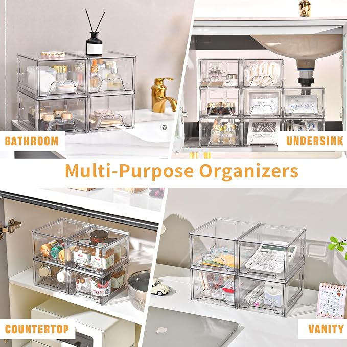 Stebopum 6 Pack Stackable Makeup Organizer, 4.4'' Tall Acrylic Bathroom Makeup Organizer and Storage Drawer with Pull-out Handle, Clear Plastic Storage Bins for Vanity,Pantry,Desk,Undersink,Kitchen - Image 7