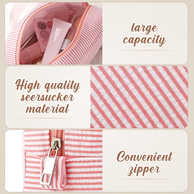 Sanwuta 6 Seersucker Cosmetic Bag Bulk Striped Makeup Bag for Women Aesthetic Cute Travel Toiletry Organizer Preppy Storage Pouch for Wedding Bridesmaid Mother's Day Teacher Gift (Large,Coral Pink) - Image 3