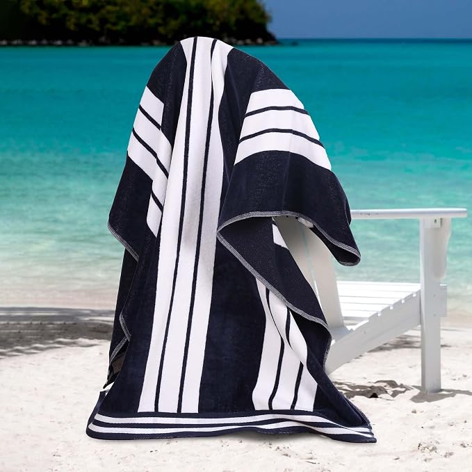 Superior Oversized Cotton Beach Towel Set of 2, Absorbent Towels for Bathroom, Pool, Swim, Adults, Kids, Vacation, Travel, Bath Sheet, Quick Dry Basics, Trip Essentials, Striped Decor, Blue by SUPERIOR