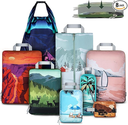 Set of 8 compression packing cubes for travel accessories- Expandable bags for clothing, toiletry, backpacks, organizing essentials (Holiday) by Oriday