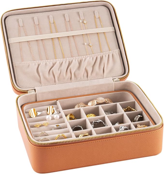 Jewelry Box for Travel – Premium Leather Jewelry Box for Women & Men with Gold-Tone Zipper Hardware, Multi-Compartment Jewelry Organizer, (Brown) by LIGNORA