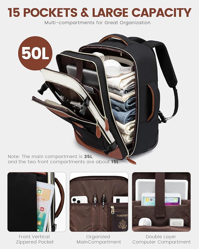 LOVEVOOK Rolling Backpack for Women, 50L Travel Backpack with Wheels, Carry on Luggage for Men, 17.3 Inch Wheeled Laptop Bag, Flight Approved Personal Item Suitcase - Image 4