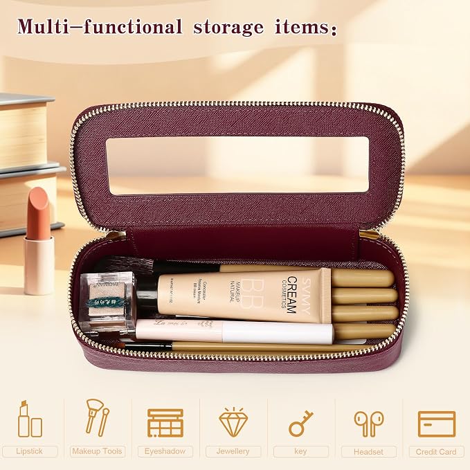 Makeup Brush Bag, Burgundy, SLIM | Clear, Travel Cosmetic Case, Brush Holder, Waterproof, Zipper Purse Organizer - Image 4