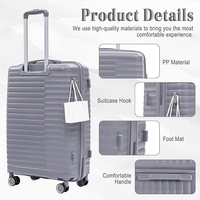 4-Piece PP Hardshell Luggage Set with 14" Cosmetic Case, 20"/24"/28" Spinner Suitcases,Carry On with Iron Telescopic Handle, Combination Lock,360° Double Silent Wheels,Waterproof Travel Set,Light Gray - Image 4