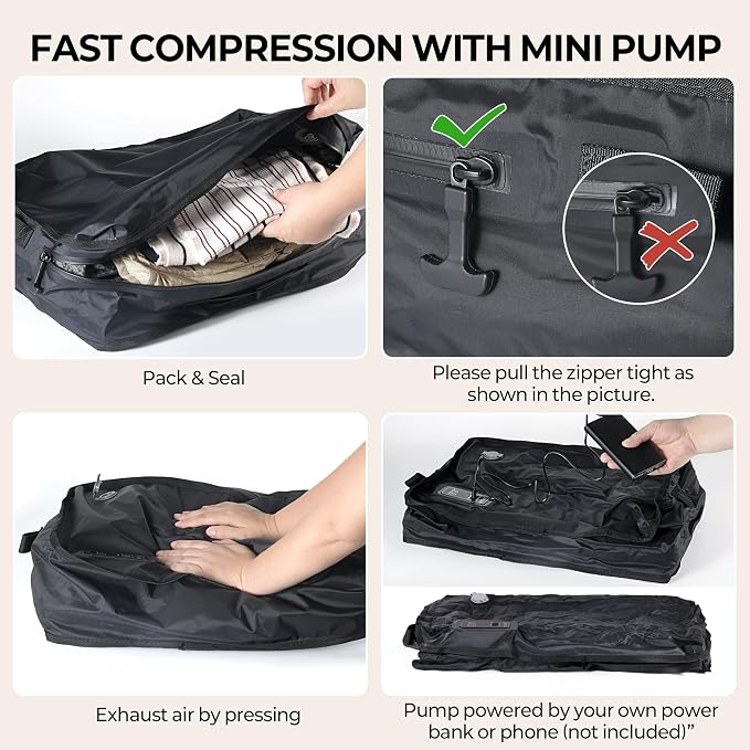MOUNTRAX Vacuum Seal Bags for Travel with Bag-Pump Integrated Design, 28L Compression Packing Cubes for Carry-On Suitcase & Travel Backpack, Reusable IP67 Waterproof Vacuum Storage Kit, Gift Set - Image 7