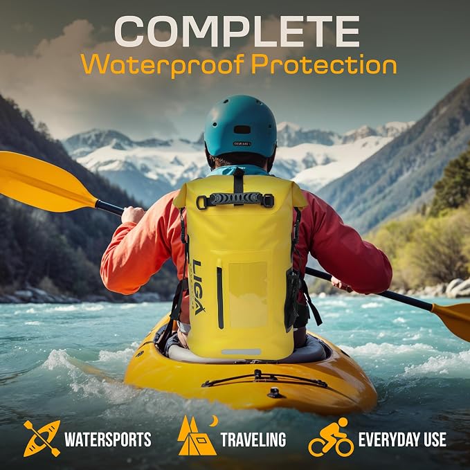 LIGA Waterproof Duffel Bag – 30L – Heavy Duty Roll-Top Closure – Fully Waterproof – Cushioned Comfort – Dry Bag for Hiking, Kayak, Travel, Biking, Camping, Fishing (Yellow) - Image 4