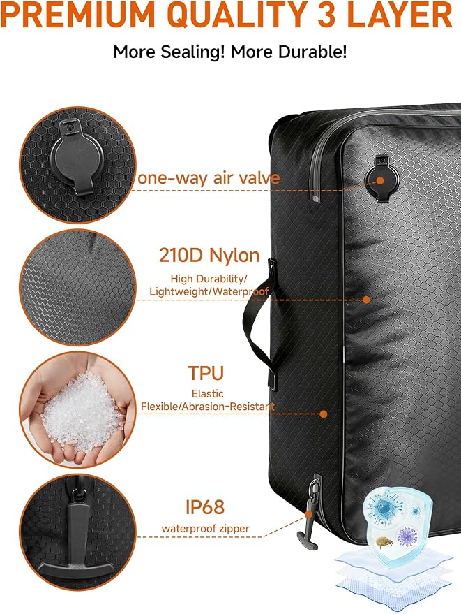 Airless Vacuum Kit Travel - 45L Oversized Compression Storage and Organization, 270° Open, Odor & IP68 Waterproof Anti-Rip Travel Pack Vacuum Kit with Pump, TSA-Ready, Backpacks & Suitcases, 2 Pack | 2-pack 45L waterproof tear-resistant nylon bags with... - Image 5
