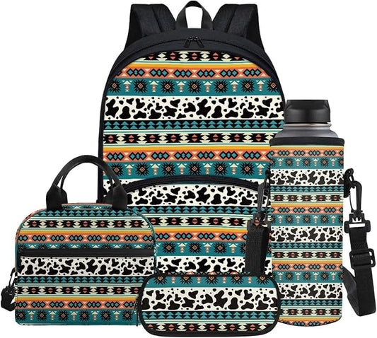 Cow Aztec Western Backpack for Boys School Bag Set 4 Pieces Large Capacity Bookbag Casual Daypack with Insulated Lunch Bag Pencil Case Water Bottle Cover by Glomenade