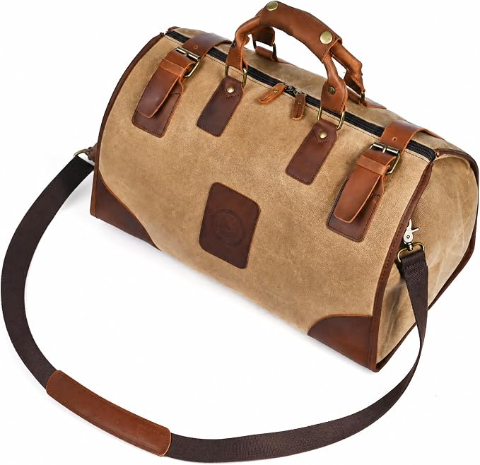 Canvas + Leather Travel Luggage Tote Duffle Gym Suitcase Weekender Overnight Bag For Men Male FB8151 (8151-Khaki-Shoulder Strap) by Handadsume