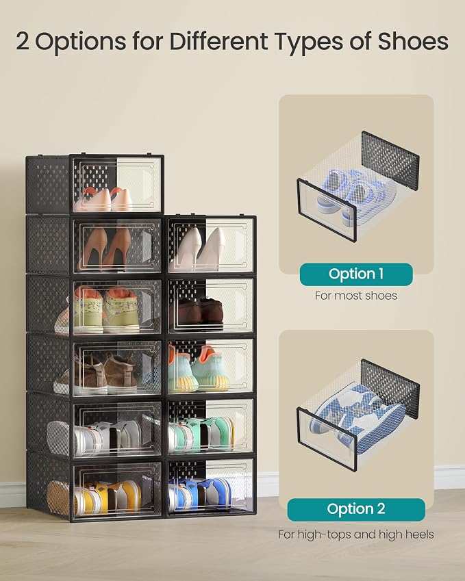 SONGMICS Shoe Boxes, Pack of 12 Shoe Storage Organizers, Stackable Clear Plastic Boxes for Closet, Sneakers, 13.1 x 9.1 x 5.6 Inches, Transparent and Black ULSP006B12 - Image 4