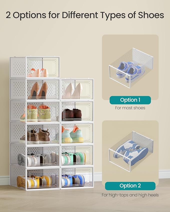 SONGMICS Shoe Boxes, Pack of 12 Shoe Storage Organizers, Stackable Clear Plastic Boxes for Closet, Sneakers, 13.1 x 9.1 x 5.6 Inches, Transparent and White ULSP12SWT - Image 4